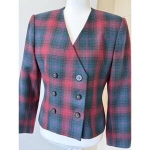 Vtg Le Suit Petite Wool Blend Plaid Blazer 8P Red Old Money Office Elevated